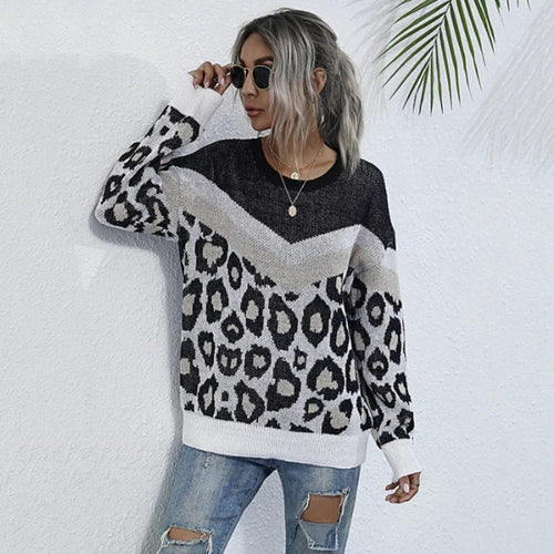 Women’s Leopard Print Round Neck Sweaterv
