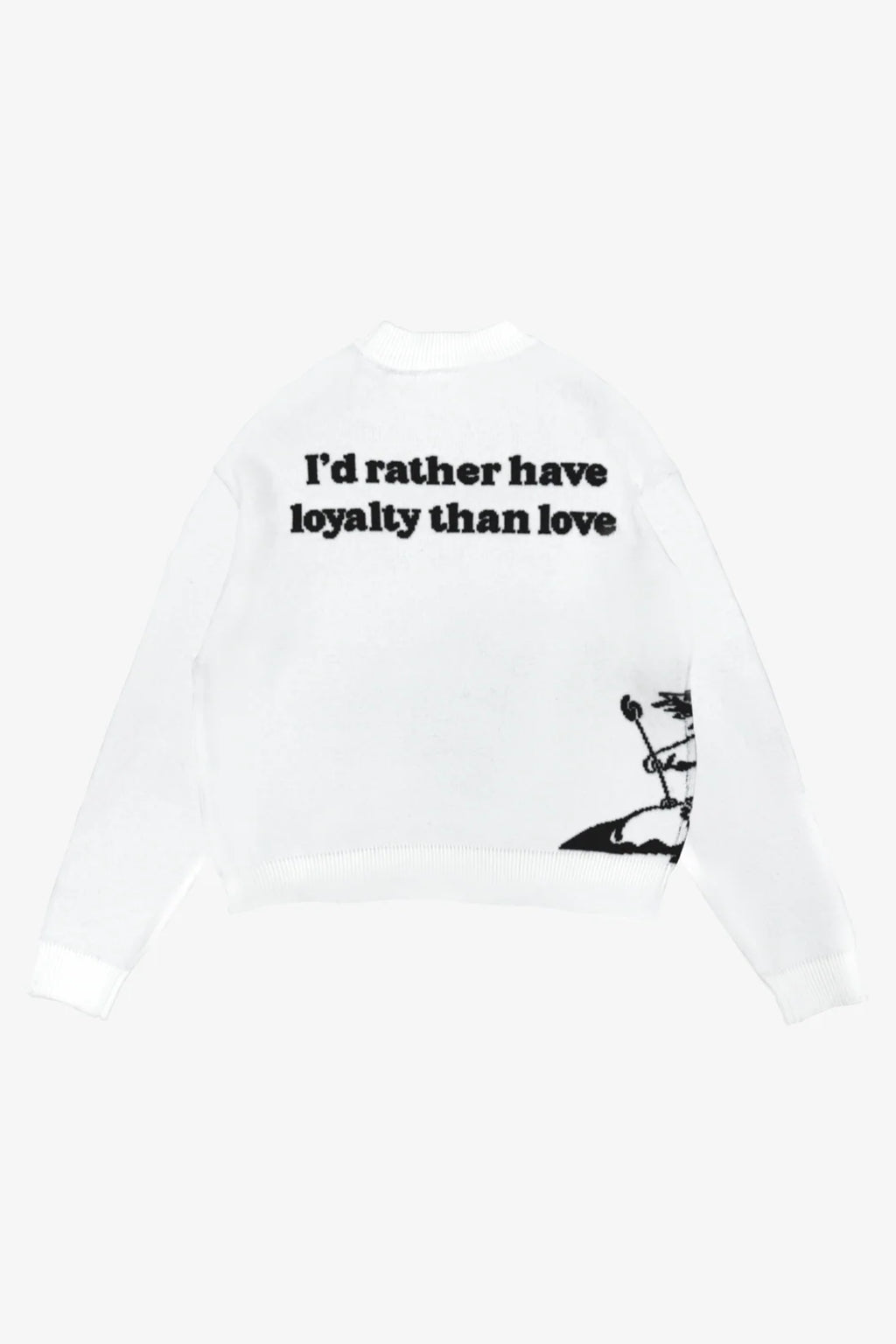 Unisex White Graphic Knit Sweatshirt – “Loyalty Over Love” Statement Edition