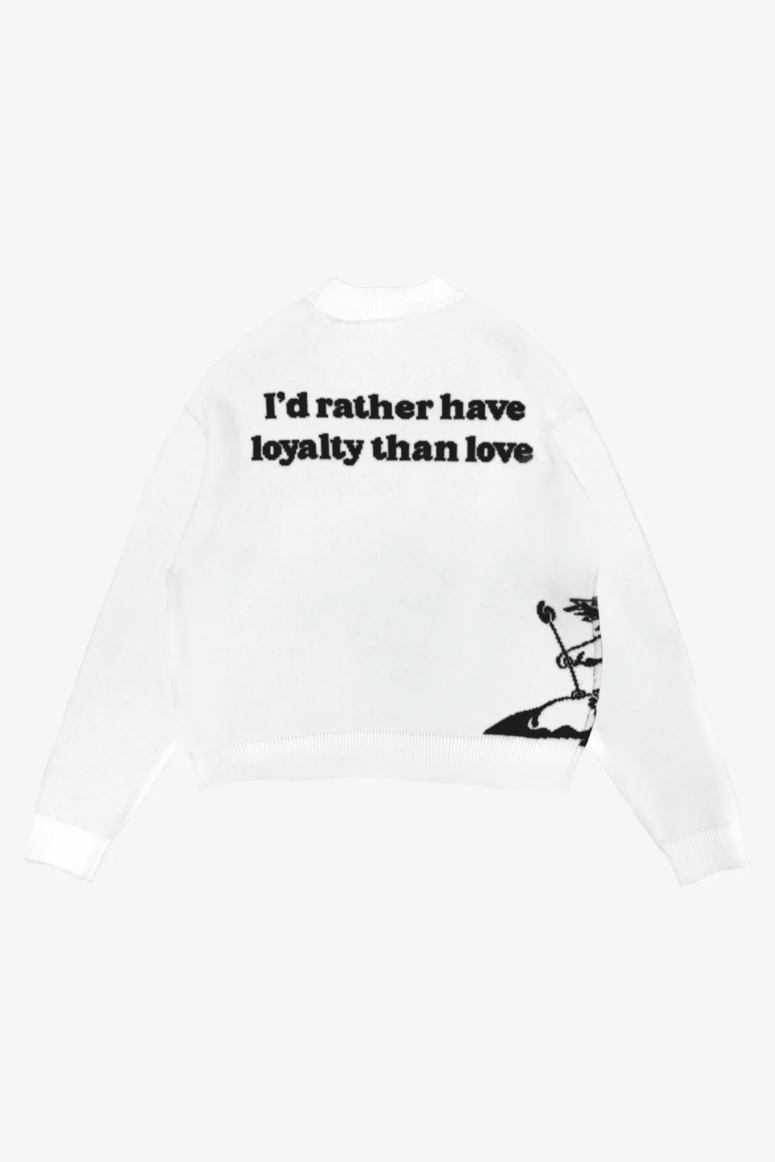 Unisex White Graphic Knit Sweatshirt – “Loyalty Over Love” Statement Edition